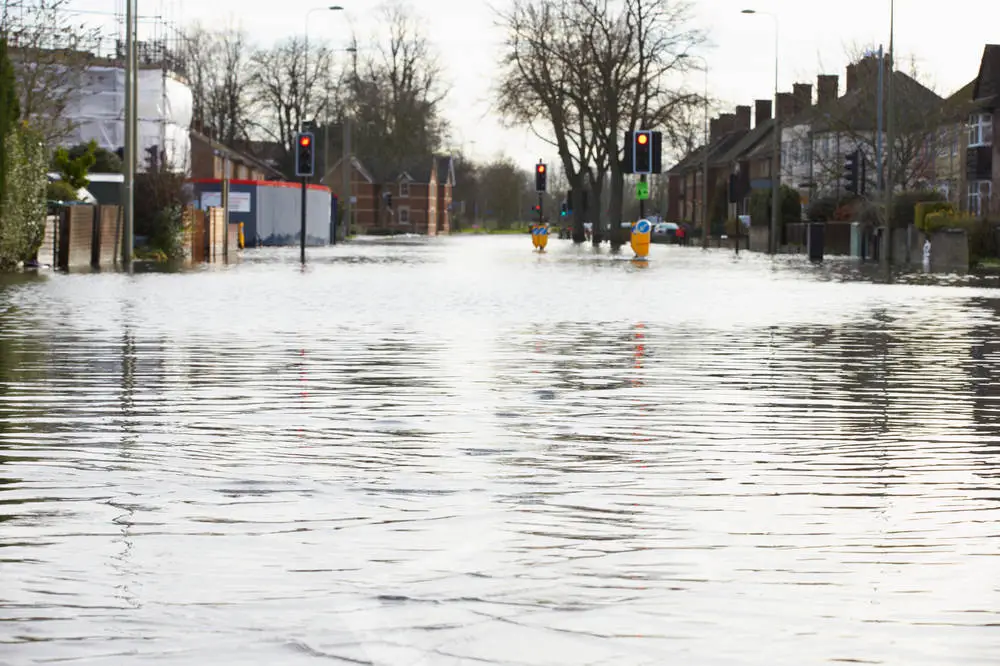 flood on city streets against the backdrop of traffic lights